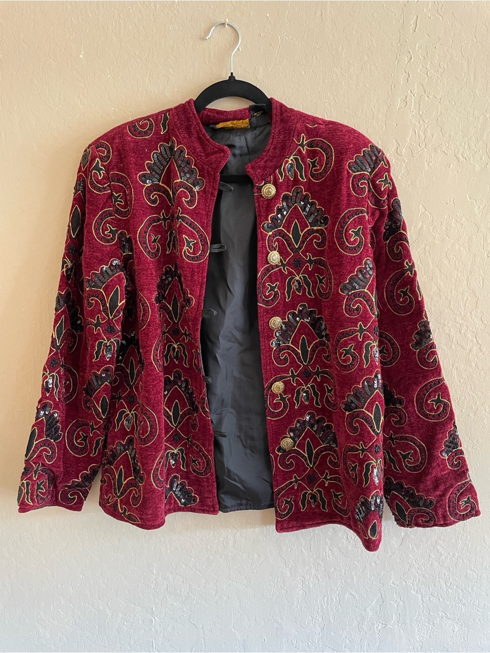 Alex Kim Women's Embroidered Velvet Jacket in Burgundy with Gold Accents